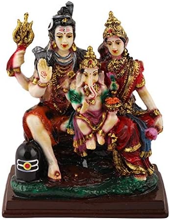 VintFlea 'Handmade God Shiv, Parvati with Ganesh Statue' Parivar, Sitting on Stone, Indian Religious Figurine, Resin Marble Work Idol Sculpture, for Home Decor Showpiece - 12.5 x 14 x 7 cms