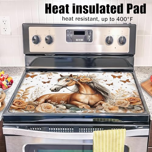 Image of Electric Stove Top Cover,Lovely Horse Stove Cover for Glass Top Electric Stove,Glitter Flower Butterfly Heat Resistant Flat Top Stove Mat Countertop Protector, 28 x 20 Inch