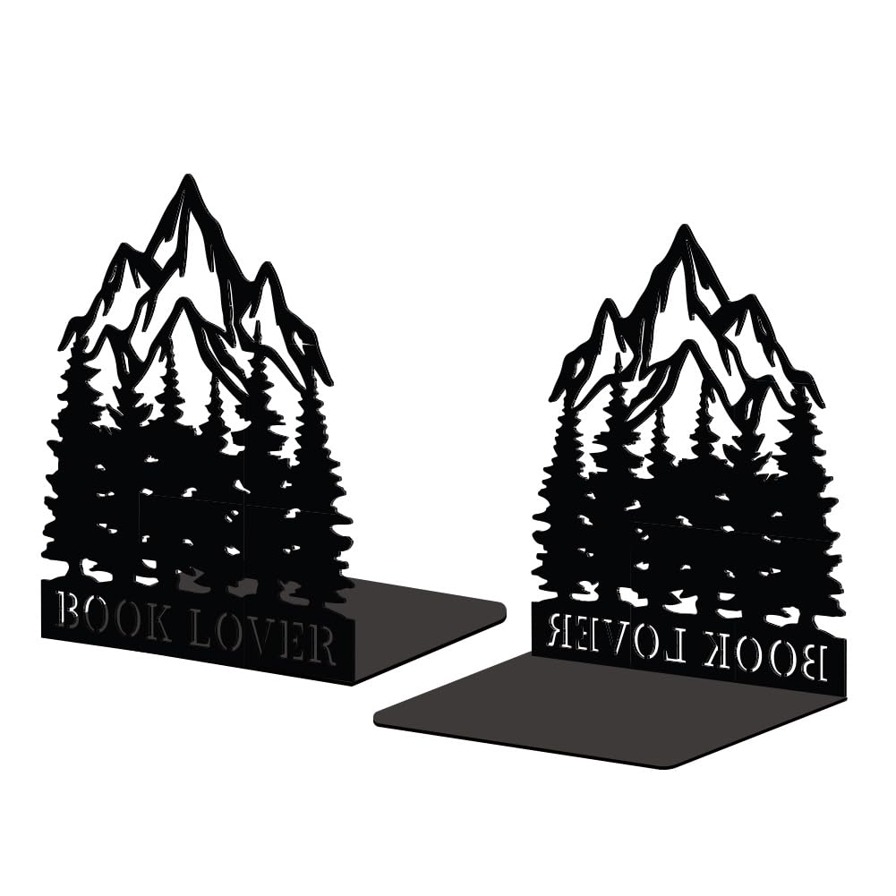 Peacoblue Buchstütze Dekorativ Modern Berge und Wälder Metall Buchstützen für Schwere Bücher 13.5 x 10.9 x 16.0cm, Bücherhalter für Heimdekoration, Bücherregal & Büro - 1 Paar