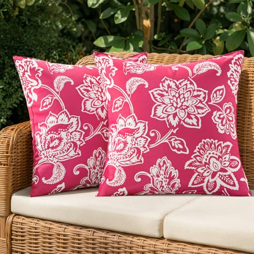 SWANCOCO Decorative Outdoor Floral Pillow Covers Set of 2 Waterproof Boho Farmhouse Throw Pillows Summer Accent Pillowcases for Patio Furniture Garden Sofa 18x18 Inch Hot Pink