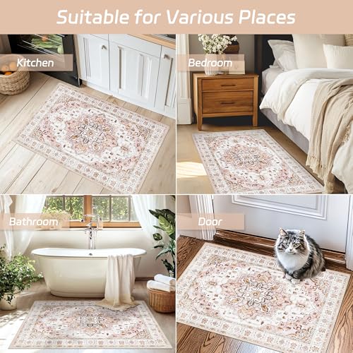 Madane Washable Area Rug 2x3, Small Entryway Rug Non-Slip Vintage Door Mat Indoor Entrance, Low Pile Floor Carpet for Inside Front Door Bedroom Kitchen Entry Laundry (2'x3', Pink)
