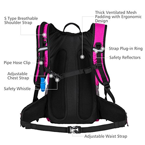 Insulated Hydration Backpack Pack with 2.5L BPA FREE Bladder, Lightweight Daypack Water Backpack For Hiking Running Cycling Camping, Commuter, Fits Men, Women, Kids, 18L Rose