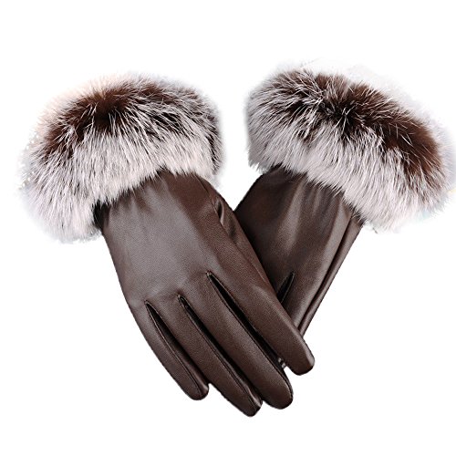 Women's Winter Gloves,Jushye Christmas Women leather Gloves Autumn Winter Warm Faux rabbit fur gloves Mittens (Coffee)