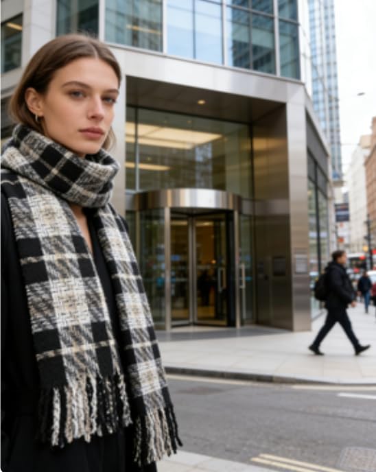 Plaid Scarf with Fringe, Black and White Checkered Pattern, Soft Knit Winter Wrap