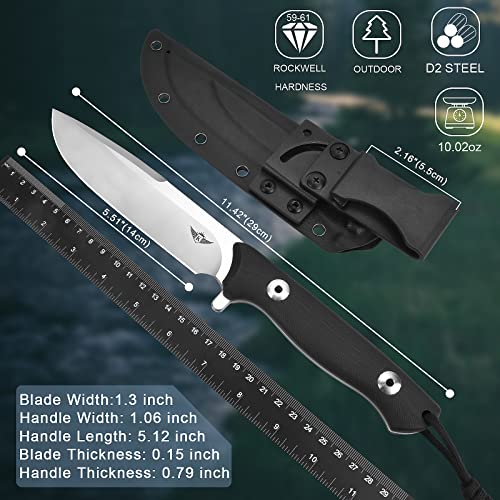 Komwero Bushcraft Camping Hunting Knife, Sharp D2 Steel Blade Full Tang Fixed Blade Knife With Kydex Sheath, Gift Box, G10 Handle, Outdoor Survival Knife For Men Hunter Fishing #TOP2