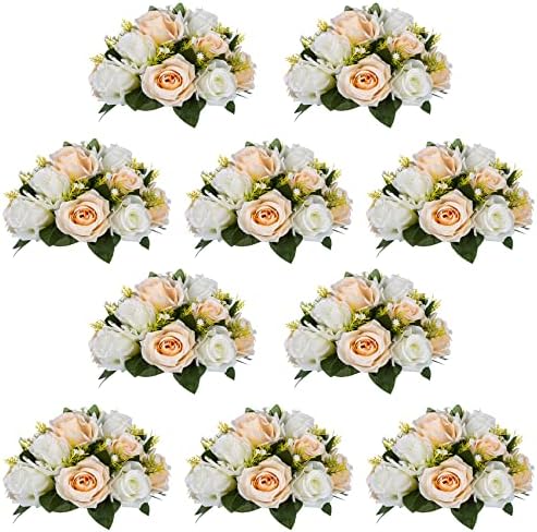 NUPTIO 2 Pcs Fake Flower Ball Arrangement Bouquet,15 Heads Plastic Roses with Base, Suitable for Our Store's Wedding Centerpiece Flower Rack Parties Valentine's Day Home Décor (Red & White)