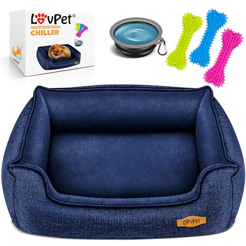 Lovpet® Hundebett Hundekissen Hundekorb Chiller, Inkl. Napf + 3X Kauknochen, Hundesofa Kissen für Kleine, Mittelgroße & Große Hunde, Bezug abnehmbar und waschbar, XL 110 x 75 x 27 cm Navyblau