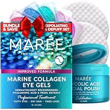 MAREE Skincare Bundle - Eye Gels, Facial Polish - Under Eye Gels for Puffy Eyes & Dark Circles - Glycolic Acid Peel Pads - Marine Collagen & Hyaluronic Acid - Salicylic Acid & Vitamins E, B3, B5