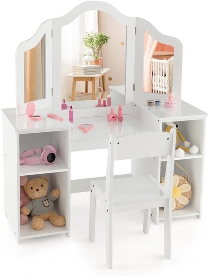 Pemberly Row Vanity Desk and Chair Set, Safe White MDF, Tri-Fold Mirror, Ergonomic Kids Seat, 2-in-1 Makeup and Writing Desk, Rounded Edges, Anti-Slip Feet, Storage Compartments for Ages 3+