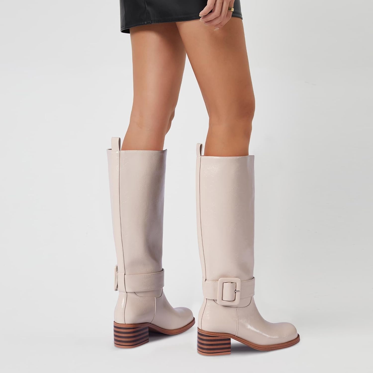 Knee High Boots for Women Square Toe Chunky Low Heel Pull On Fall Long Boots Wide Calf Comfortable Biker Riding Boots Beige - Image 4