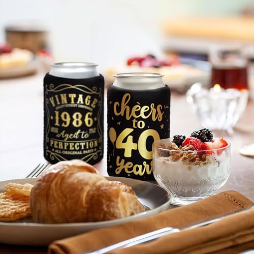 12Pack 40th Vintage Birthday Can Sleeves, Cheers to 40 Years Vintage 1986 40th Party Favor Decorations, Black and Gold Neoprene Soda Can Beverage Cooler Holder Sleeves for Forty Year Old by CiyvoLyeen - Used condition - Image 5