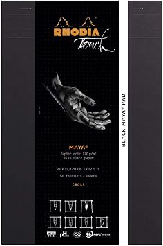 Rhodia Touch 116113C - Block Black Maya Pad A4+ New Ruler Cross - 50 Sheets - Clairefontaine Maya Black Paper 120 g/m - for Calligraphy and Precise Drawing with Pencil, Liner, Pen