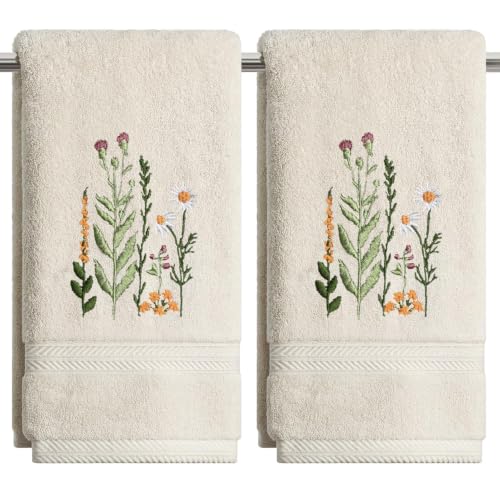 Artoid Mode 2 Pcs Beige Wildflower Floral Embroidered Hand Towels for Bathroom, 100% Cotton Soft Absorbent Farmhouse Decor Towels, 13.7 x 29.5 Inch