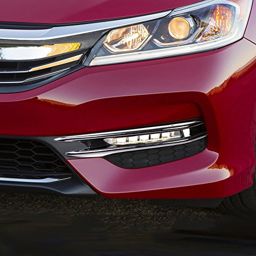 Front bumper fog OE Style LED DRL Lights w Bezel Switch & Chrome Cover Molding Trim & Relay Upgrade Replacement for Honda Accord Sedan 2016 2017 (Only Chrome trim)