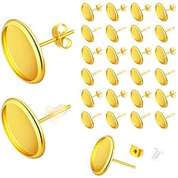 Hicarer 300 Pcs Earring Posts Stainless Steel Stud Earrings Kit Hypoallergenic Stud Earrings with Earring Base Studs and Back for Jewelry DIY Making(Gold with Gold and Clear)