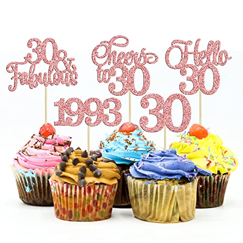 Gyufise 30Pcs 30Th Birthday Cupcake Toppers Glitter Hello 30 Cupcake Topper Cheers To 30 1993 Thirty Cupcake Picks For Happy 30Th Birthday Anniversary Party Cake Decorations Rose Gold #TOP2