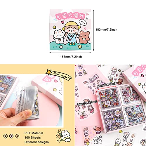 Kawaii Stickers Set (100 Sheets) - Cute PET Transparent Cartoon Animal Flower Decorative Scrapbook Sticker for Bullet Journaling,DIY Arts Crafts,Album,Planners,Junk Journal,Calendars and Notebook