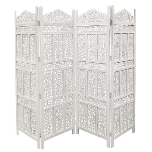 Aesthetically Carved 4 Panel Wooden Partition Screen/Room Divider, Distressed White