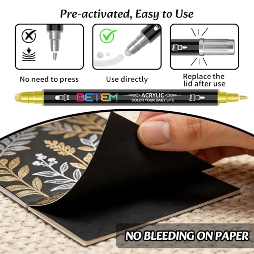 Image of Betem 6 Gold&Silver Dual Tip Acrylic Paint Markers, Fabric Decorating Kits Premium Water-Based Acrylic Paint Pens Art Supplies for Fabric, Rock, Wood, Glass, Canvas, Ceramic, Teacher Appreciation Gift