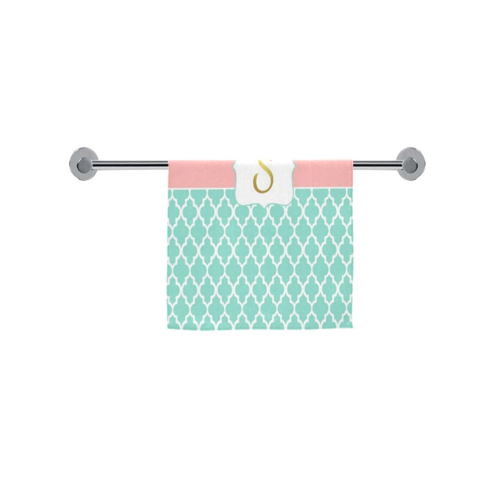 Mint and Coral Moroccan Tile Quatrefoil Pattern Custom Hand Towel Bathroom Shower Towels Soft and Comfortable 80% Polyester 20% Cotton, (16" x 28")