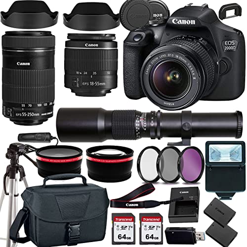 Canon EOS 2000D (Rebel T7) DSLR Camera w EF-S 18-55mm F/3.5-5.6 Zoom Lens EF-S 55-250mm f/4-5.6 is STM+500mm f/8.0 Telephoto Lens+case+128Memory Cards (24PC) (Renewed)