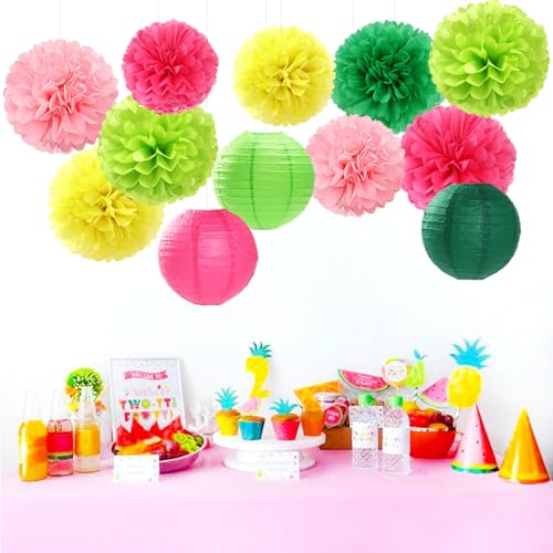 Image of Hawaiian-Summer Pool Party-Decorations Paper-Flowers Lanterns - 15pcs Luau Tropical Beach Tissue Pom Poms Streamers,Birthday Bachelorette Wedding Baby Shower Graduation Hanging Supplies Decor Hugfond