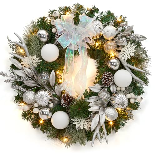 24 Inch Pre-Lit Christmas Wreath, Battery Operated Xmas Wreath, Christmas Hanging Decorations with Pine Cones, Silver White Balls, Bow for Front Door Fireplace Outdoor