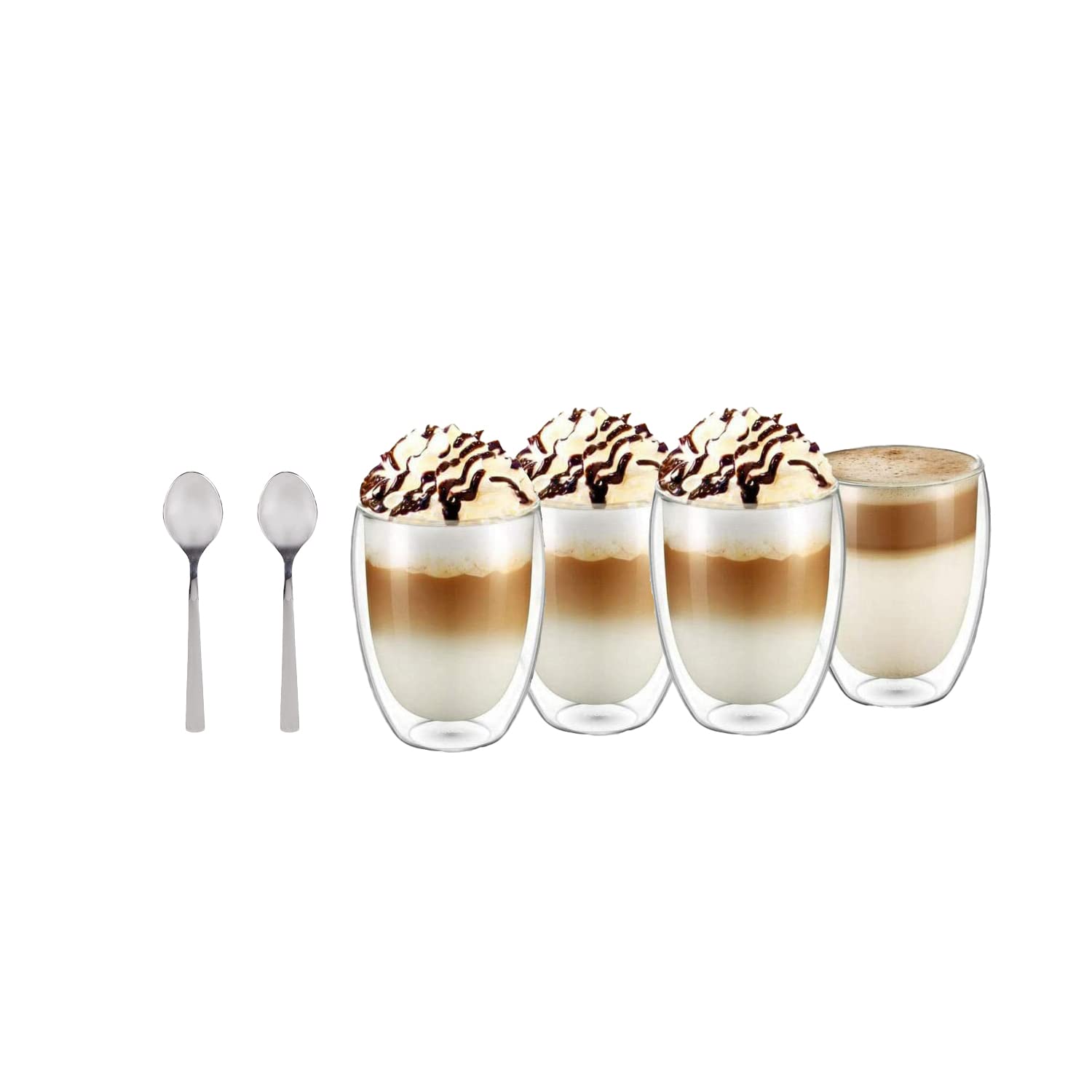 PESCADOR Double Walled Glass Coffee Cups with Spoon - Set of 4 Large 350ML Insulated Mugs for Cappuccino, Latte, Espresso, and Tea - Includes Bonus Spoon - Ideal for Hot and Cold Beverages