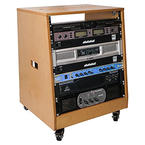 Sound Town DIY Solid Baltic Birch Plywood Slanted 12U Studio Rack, Golden Oak, Rubber Feet, Casters...