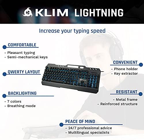 KLIM Lightning Keyboard - New 2022 - Mechanichal Feel QWERTY Hybrid Keyboard Gamer PC PS4 PS5 + 5-Year Warranty - Metal Frame - Choice of 7 Colours