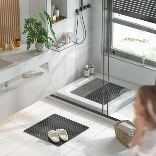 Image of HITSLAM Shower Mat Anti Slip, Square Bath Mat for Tub Non Slip with Suction Cups and Drain Holes, 21x21 Inch Bathroom Shower Stall Floor Mat, Machine Washable, Soft on Feet, Black