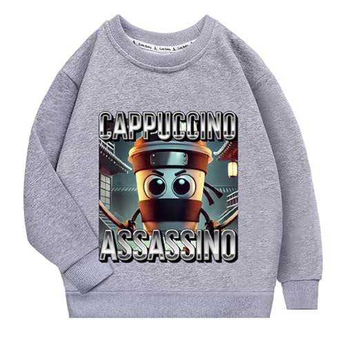 YuanDiann Camisola para crianças Cappuccino camisola meninos meninas italiano vermelho cérebro estampado 100 % algodão decote redondo desporto casual Jersey Top, cinzento