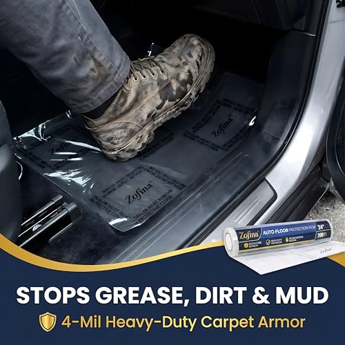 Image of ZOFINA Auto Floor Protection Film 24 inch x 200 ft - Car Carpet Protector Film, 4 Mil Heavy-Duty Adhesive Floor Mat, Dealer Plastic Floor Cover, Perforated Every 24 inch, Clear, Residue-Free Adhesive