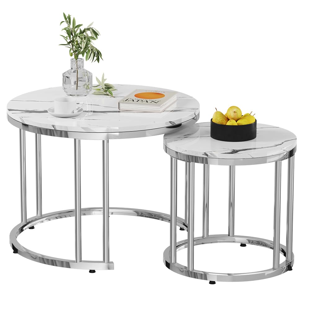 Rainbow Tree Round Nesting Coffee Tables Set of 2, White Marble Effect Top with Chrome Legs, Modern Stackable Side Tables for Living Room Sofa Lounge, Glossy Marble Coffee Table