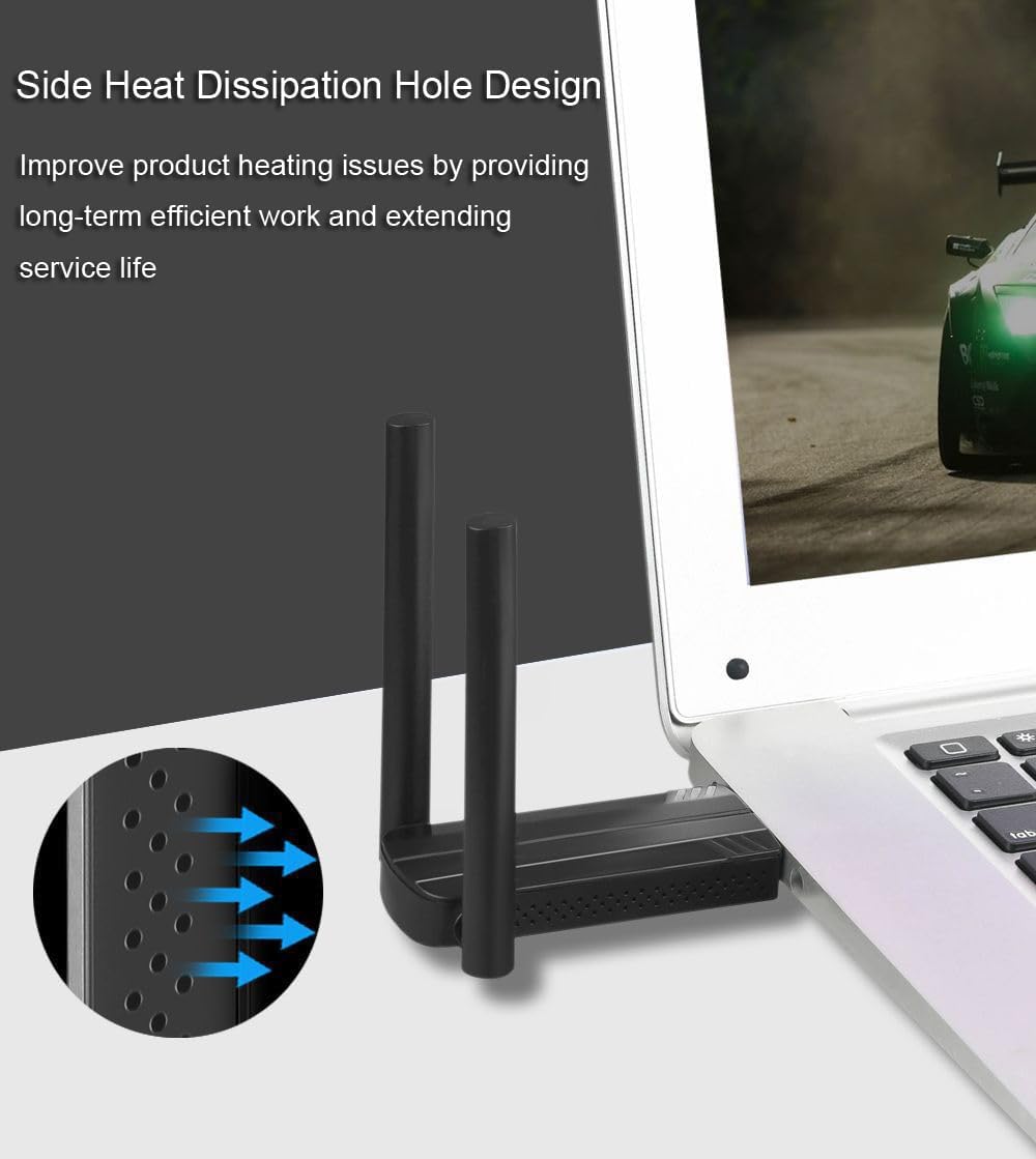 Close-up of the WiFi adapter showing side heat dissipation holes and arrows indicating airflow.