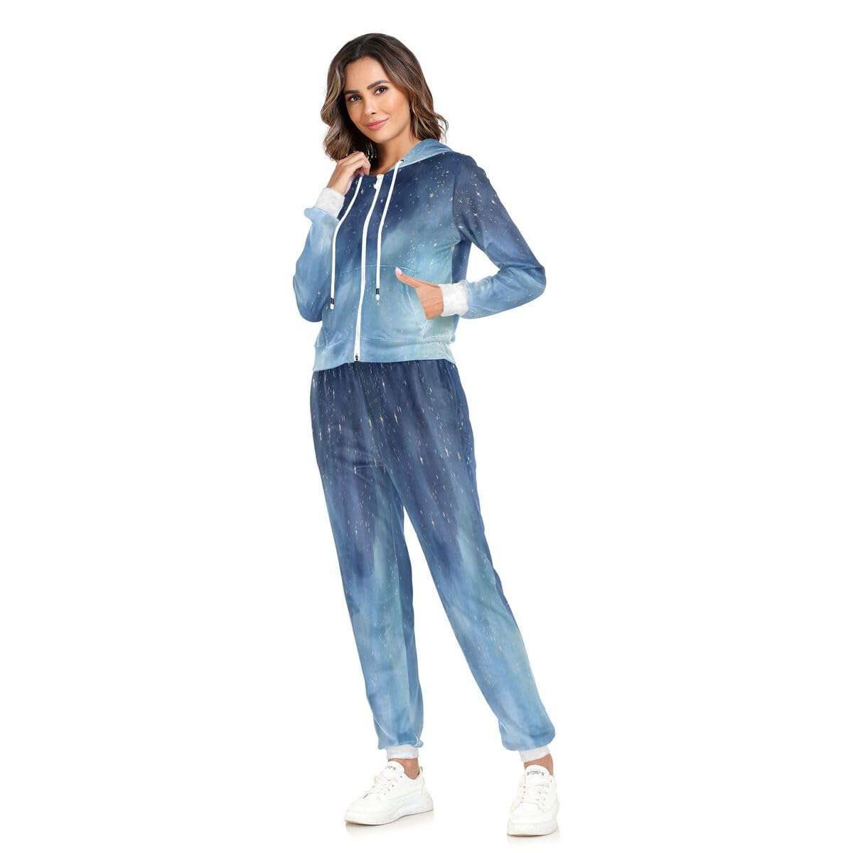 Conjunto deportivo de 2 piezas para mujer, diseño de acuarela, cielo nocturno, estrellas, manga larga, color azul