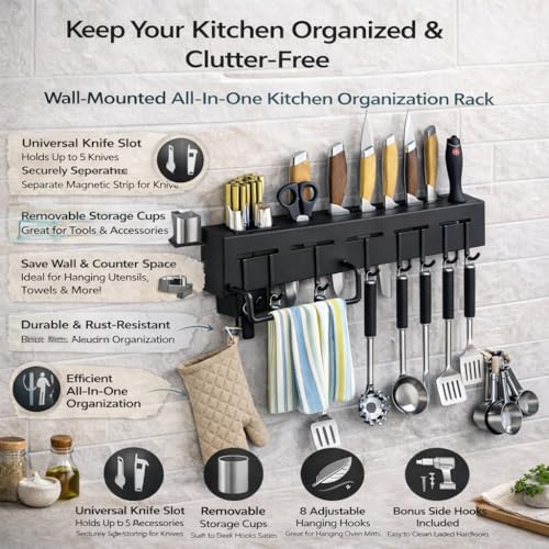 Image of Clazkit Kitchen Shelf Wall Mount Knife Holder,Towel Hanger, Spatula Ladle Hanging Hooks, Cutlery Holder Storage Rack High Grade Plastic Multi-Purpose (44 x 4.5 x 8cm)-Black