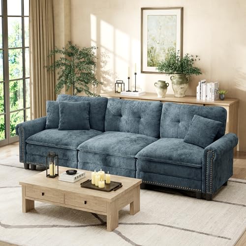 Image of HERA'S HOUSE 103.1 inch Modular Sectional Couch for Living Room Deep Seats | Mid-Century Modern 3-Seater Cloud Sofa, Cyan, Rolled Arms & Nailhead Trim, Wider & Deeper Seats, Soft Chenille