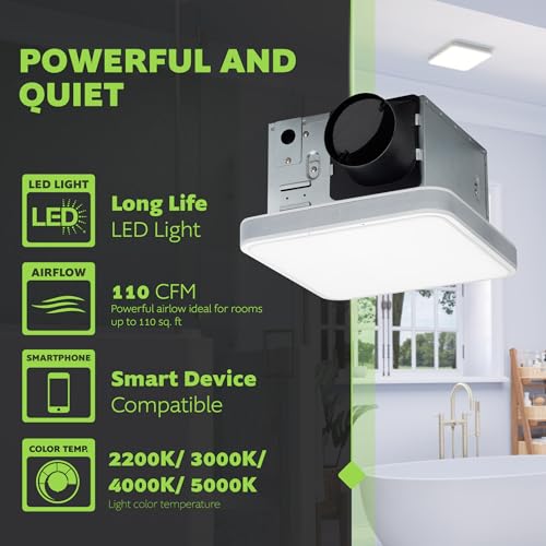 Image of Homewerks 7148-01-AX Smart Bathroom Fan with Alexa Voice Assistant Color Changing LED Light and Bluetooth Speakers 110 CFM 1.5 Sones