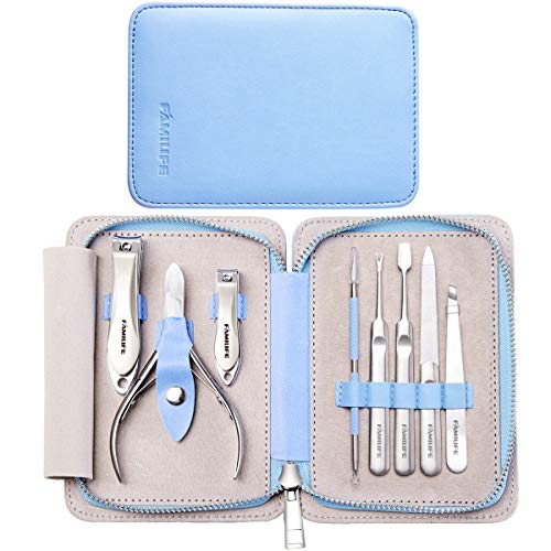 Manicure Set, FAMILIFE L17 Professional Manicure Kit Nail Clippers Set 8 in 1 Stainless Steel Pedicure Tools Kit Grooming Kit with Portable Blue Leather Travel Case for Women Girl Men