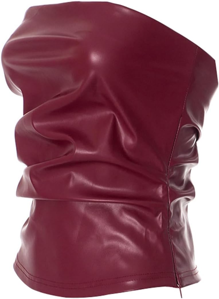 Women Soft Leather Tube Top Vest Sexy Ruched Strapless Bandeau Crop Top Asymmetrical Club Party Rave Corset Top T-Shirt - Image 9