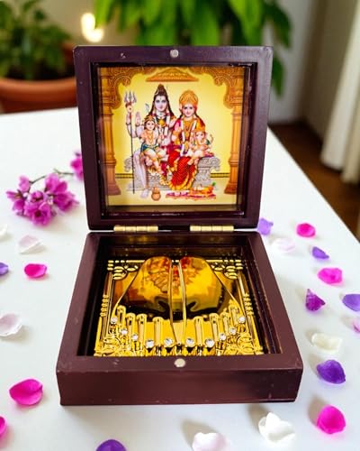 Image of Shiv Ji Pocket Temple Charna Paduka Shiv Parivar | Gold Plated Box God Idol Bhagwan | Shivratri & Savan Gift Item | Om Namah Shivay | Religious Gift for Mom & Dad (Shiv Ji)