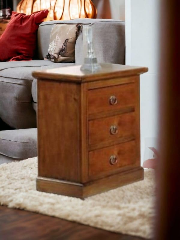 Comodini in legno 3 cassetti. Vicentini arreda COMODINO IN LEGNO NOCE SCURO ARTE POVERA CON POMELLI AD ANELLO (1)