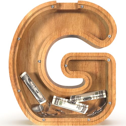 Image of Piggy Bank for Kids Boys Girls, Large Personalized Wooden Letter Piggy Bank with Cut-Out Design, Alphabet Letter Coin Banks, Money Savings Box, Wooden Bank for Kids Creative Gift for Real-Money(G)