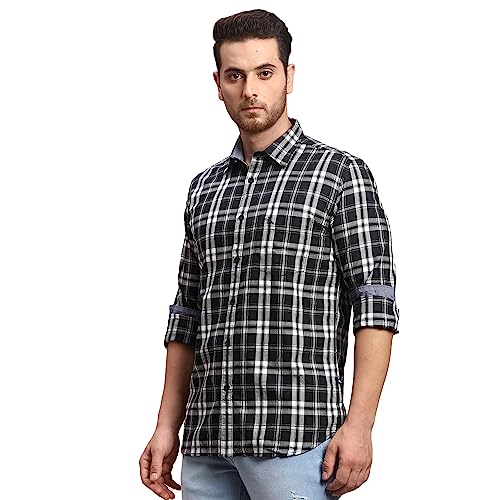 Image of Parx Men's Pure Cotton Checks Pattern Slim Fit Semi Cutaway Collar Full Sleeve Casual Shirt