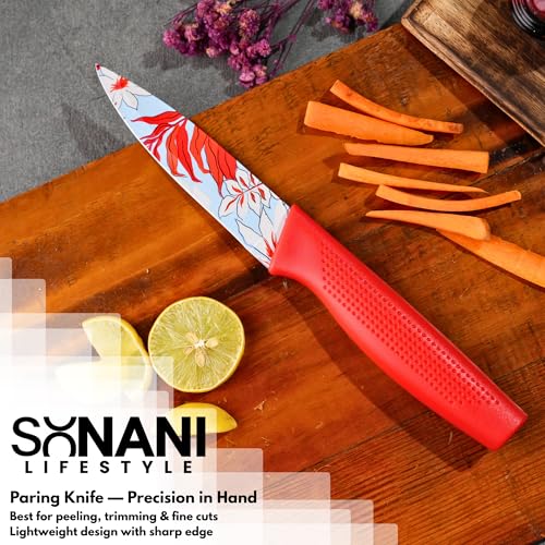 Image of Professional Piece Kitchen Knife Set - High Carbon Stainless Steel Chef, Utility & Santoku Knives with Ergonomic Blue Handles Knife (Red, 3 piece)