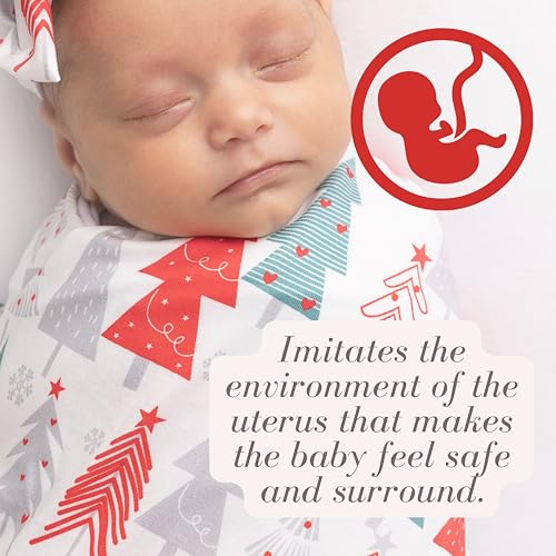 Image of Newborn Baby Girl Receiving Blanket Swaddle Blanket Stretchy Knit Swaddle Set with Matching Headband and Beanie (Red Tree Christmas)