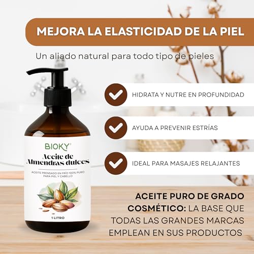 Aceite de Almendras Dulces Puro 1 Litro - Hidratante Natural para Cuerpo, Piel y Cabello - Aceite Profesional de Masaje - Antiestrías Embarazo - Prensado en Frío, con Vitamina E y A - imagen 3
