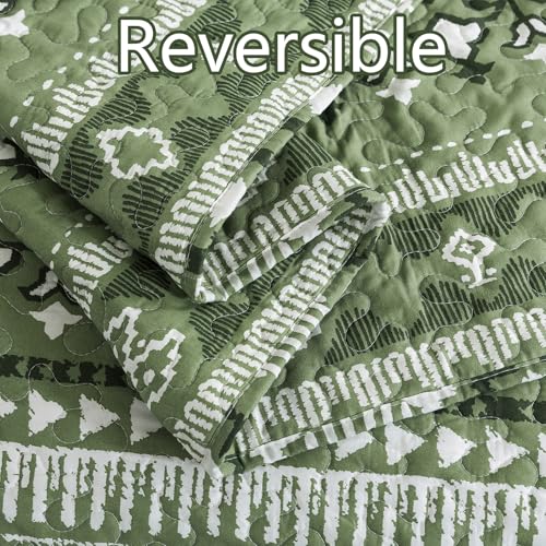 TWINRUN Boho Queen Quilt Set, 3 Piece Queen Quilt Bedding Set (90 x 98 Inch), Lightweight Sage Green Quilt, Boho Style Striped Print Coverlet, Bedspreads Queen Size for All-Seasons, Machine Wash - Image 3