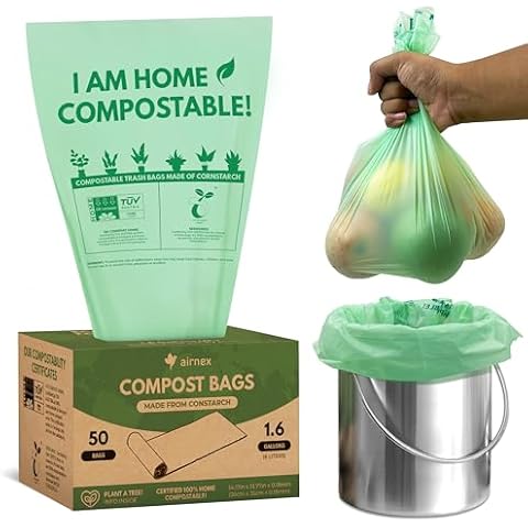 AIRNEX 50 Small Compost Bags for Countertop Bin 1.6 Gal - Compostable Trash Bags Made of Cornstarch - Leakproof & Tear Resistant Biodegradable Trash Bags - OK Compost Home & Seedlings Certified Cover